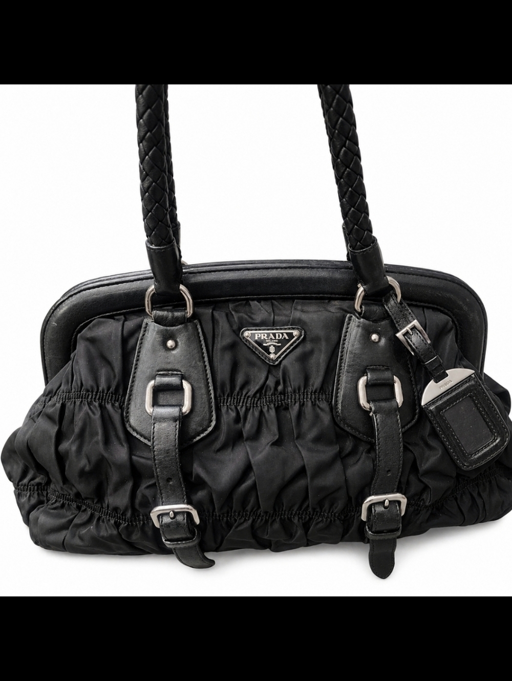 Prada Gathered Black Quilted Nylon and Leather Tote Bag